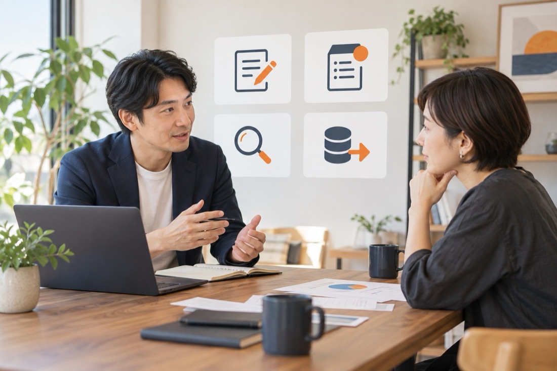 AIワークフロー相談の「話す」の場面の制作イメージ