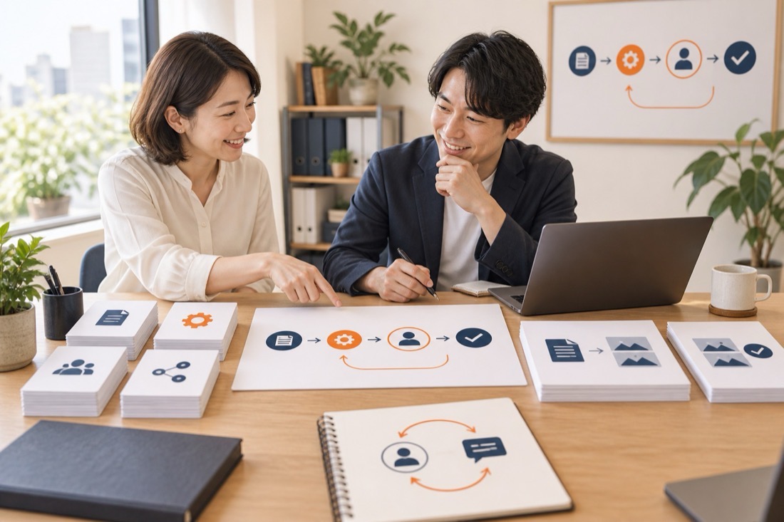 AIワークフロー相談の「渡す」の場面の制作イメージ