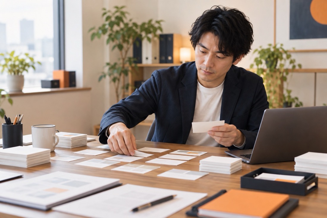 机に並べたカードを使い、日々の業務手順を整理している様子