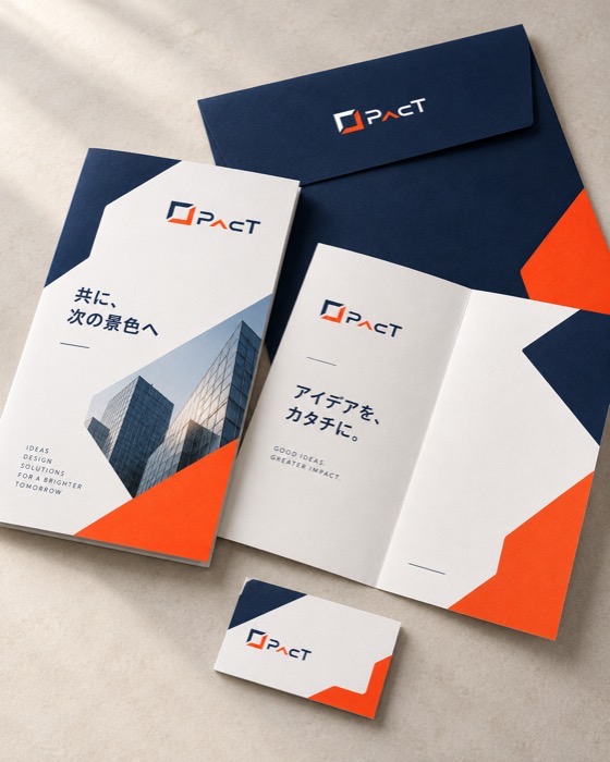 PACTの配色でつくったパンフレット、封筒、名刺の制作イメージ